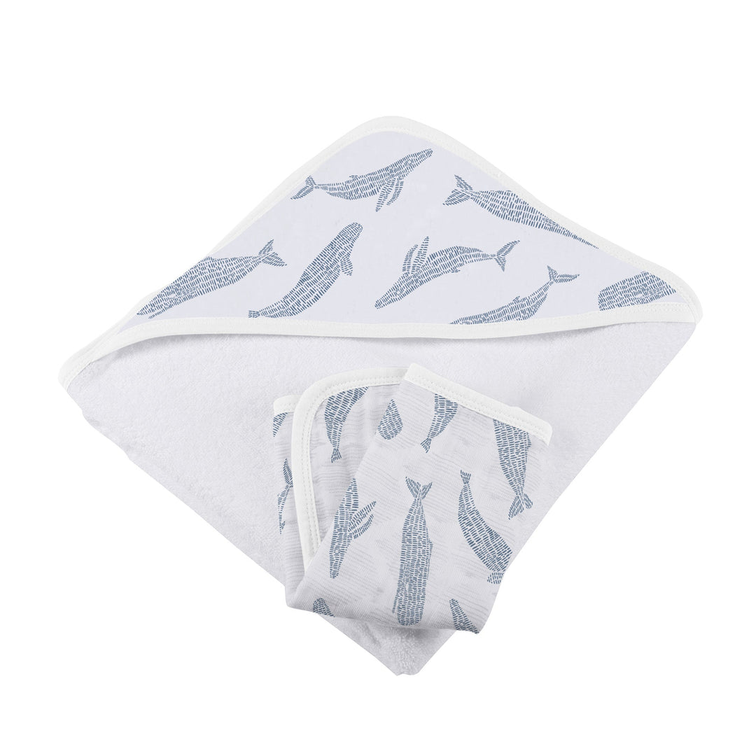 Baby Bamboo Hooded Towel and Washcloth Set, Blue Whales
