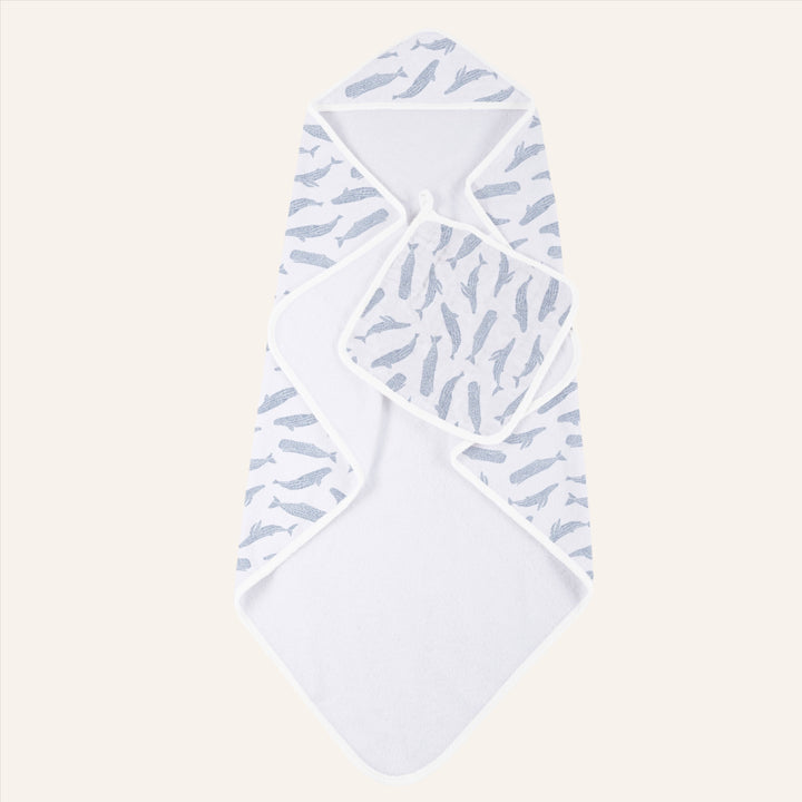 Baby Bamboo Hooded Towel and Washcloth Set, Blue Whales