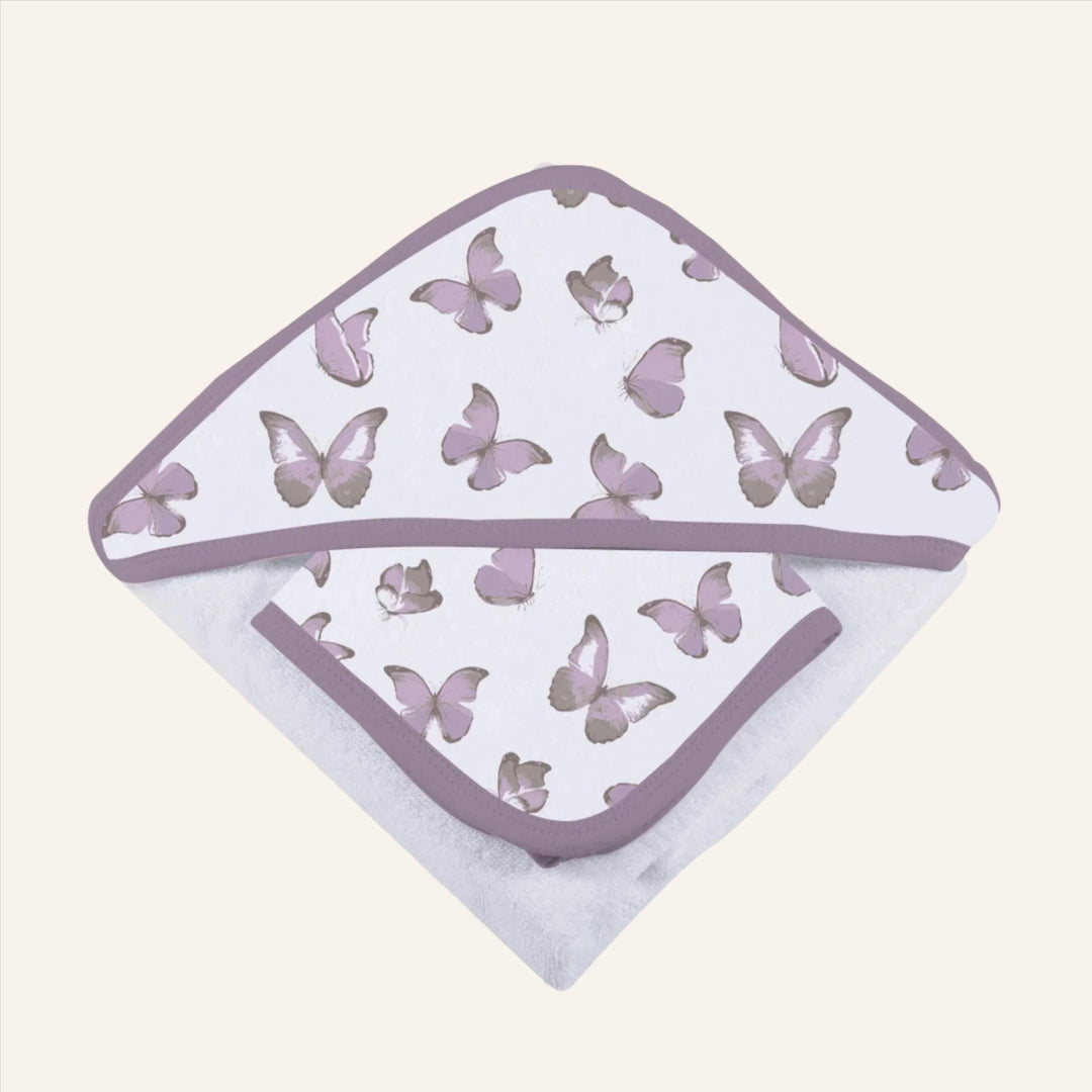 Baby Cotton Hooded Towel and Washcloth Set, Violet Butterflies Pattern