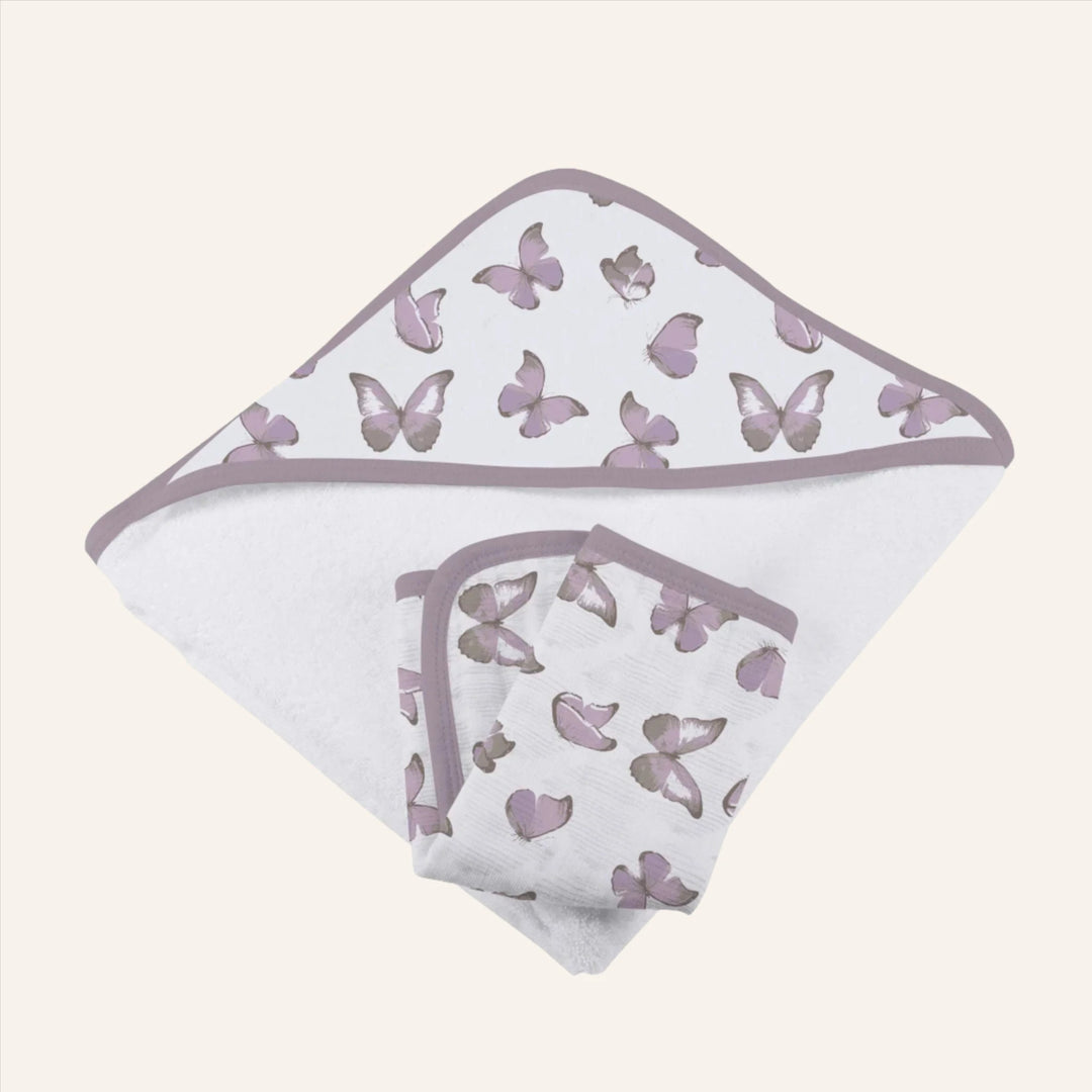 Baby Cotton Hooded Towel and Washcloth Set, Violet Butterflies Pattern