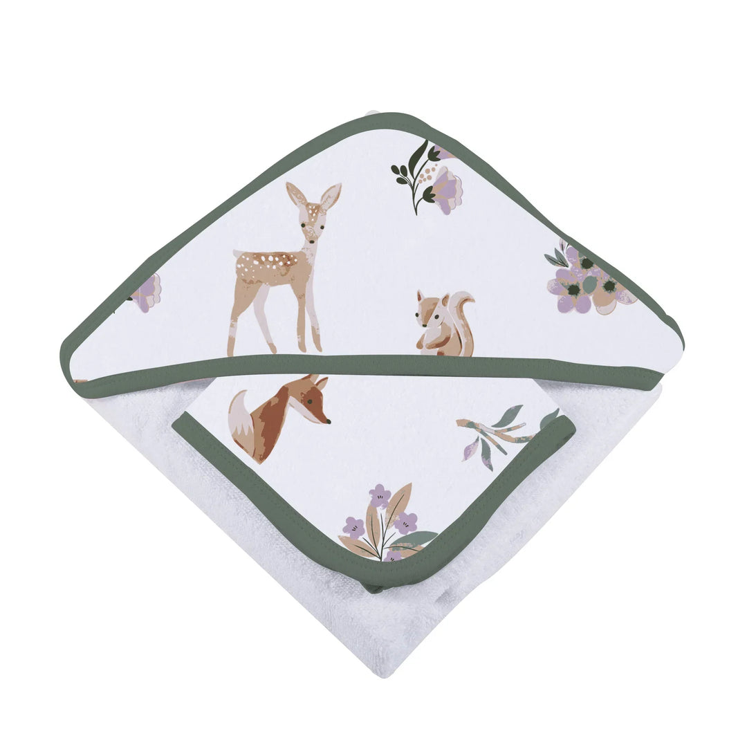 Baby Cotton Hooded Towel and Washcloth Set, Fox and Deer Pattern