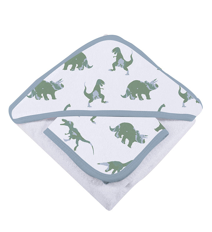 Baby Cotton Hooded Towel and Washcloth Set, Green Dinosaurs Pattern