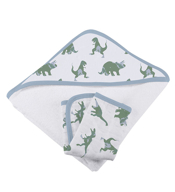 Baby Cotton Hooded Towel and Washcloth Set, Green Dinosaurs Pattern