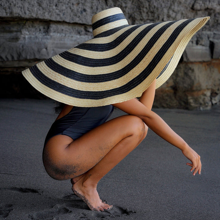 Oversized Striped Straw Hat, Black & Natural