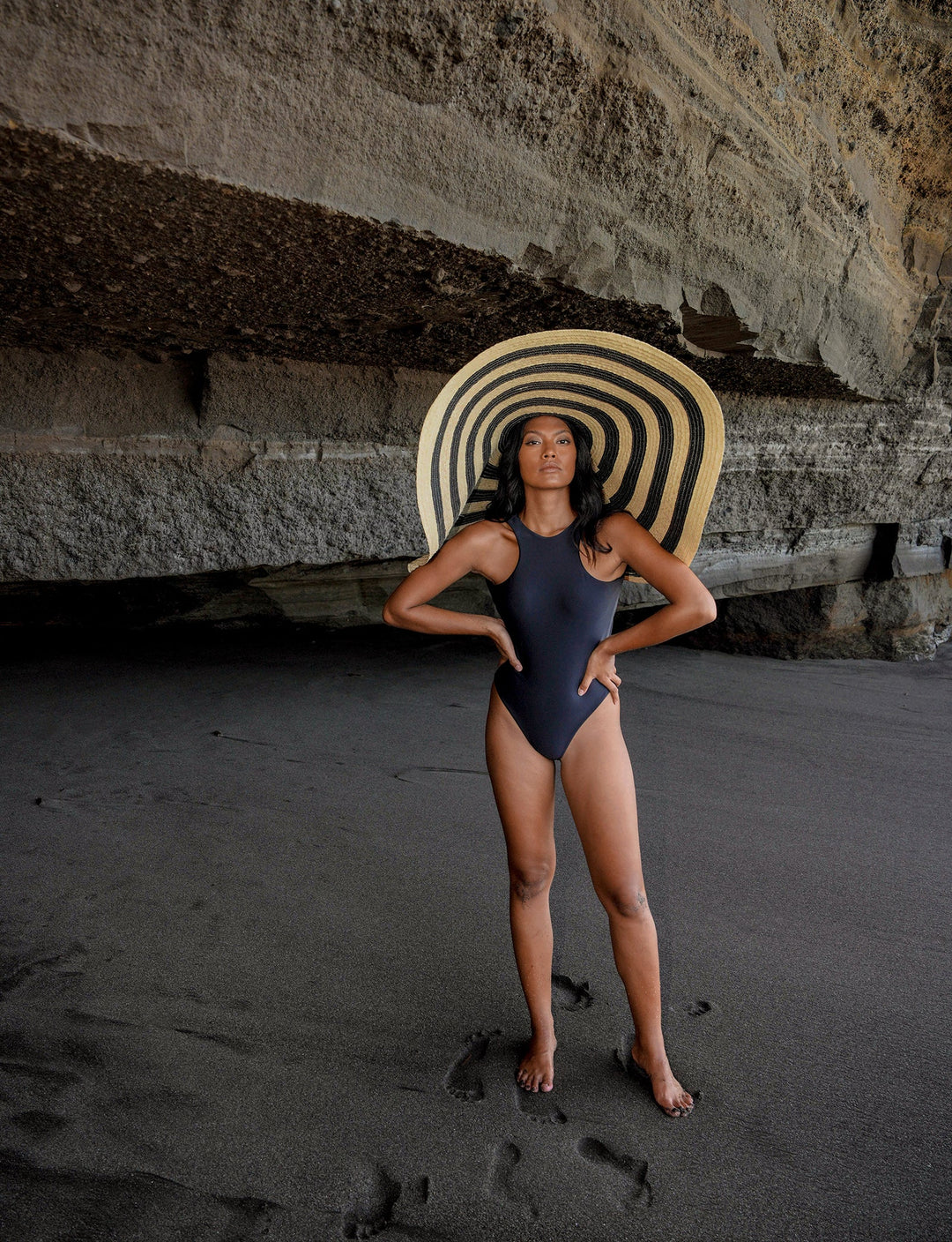 Oversized Striped Straw Hat, Black & Natural