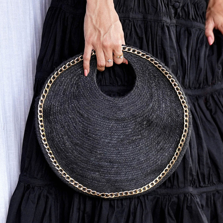 Petite Circular Jute Bag, Black with Gold Chain