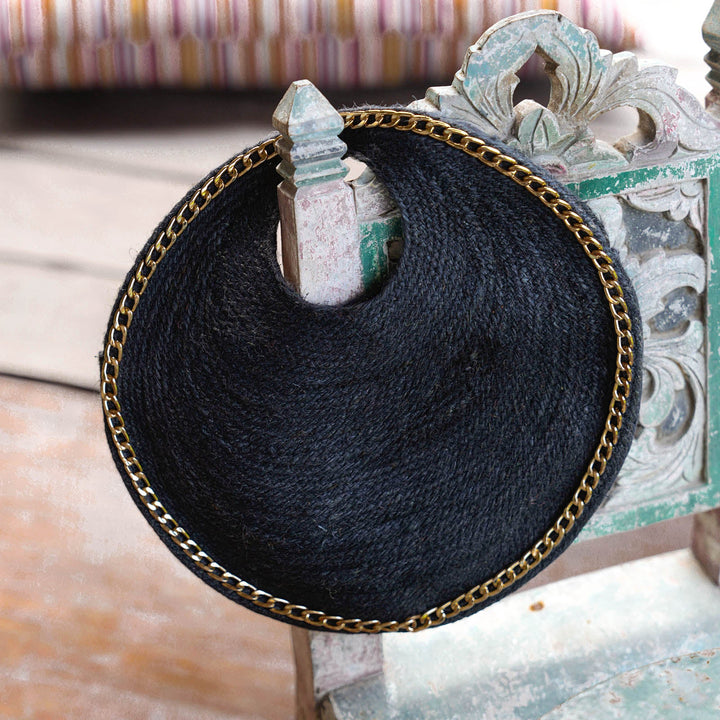 Petite Circular Jute Bag, Black with Gold Chain