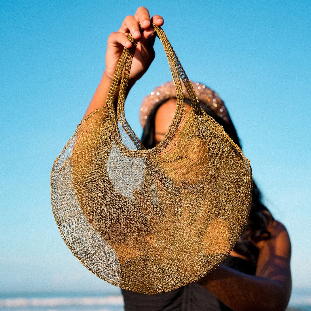 Mesh Wire Tote Bag, Dark Gold