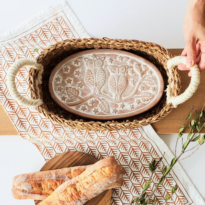 Oval BREAD BASKET WITH WARMING STONE, Owls on a Branch