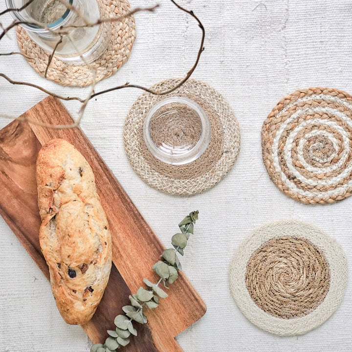 Handwoven Jute Trivet Set, Assorted in Green Pouch (Set of 4)