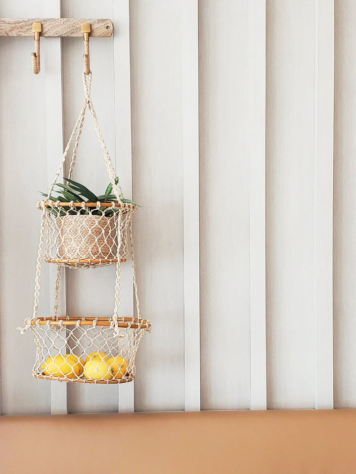 Double Hanging Plant Basket Shelves, Jute & Natural Wood