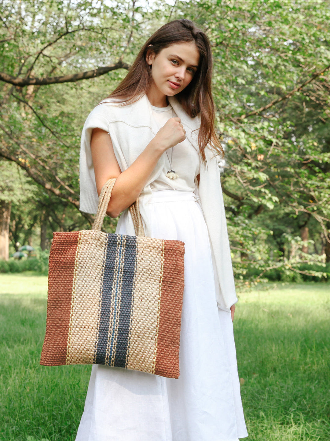 Handwoven Jute Tote Bag, Multi & Light Brown