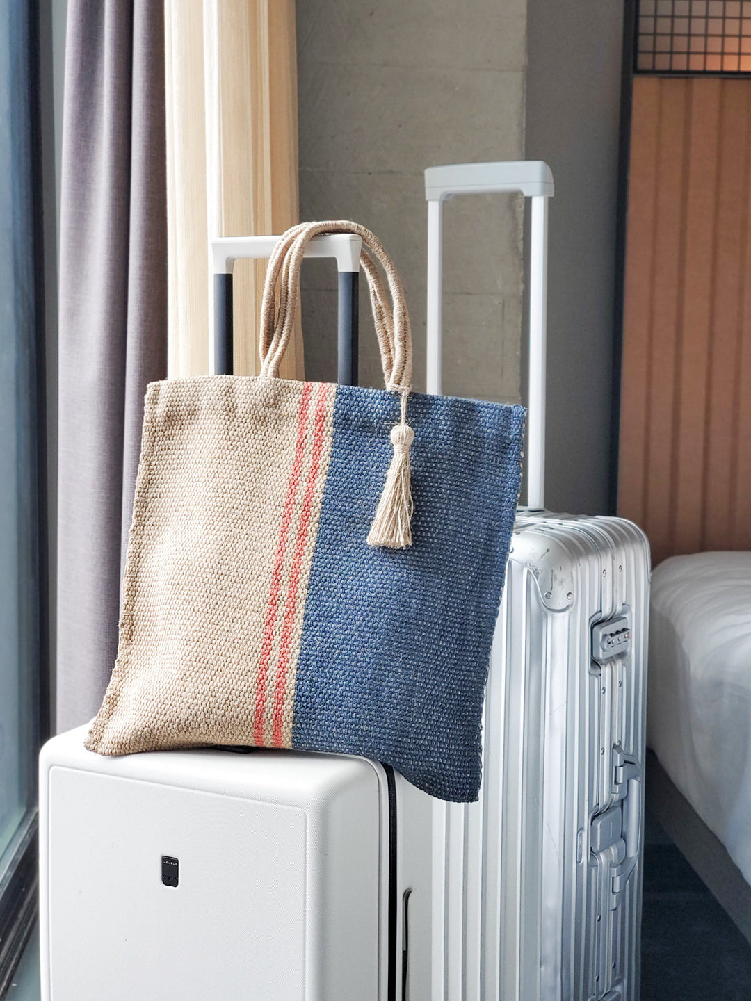 Handwoven Jute Tote Bag, Navy & Red