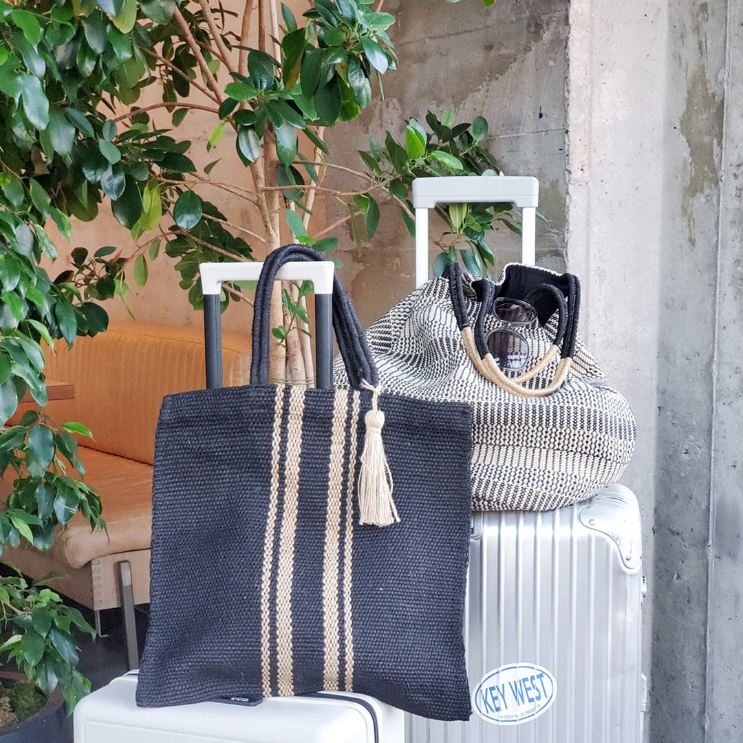 Handwoven Jute Tote Bag, Black with Natural Accents