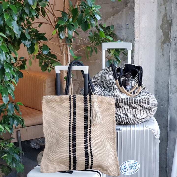 Handwoven Jute Tote Bag, Natural with Black Accents