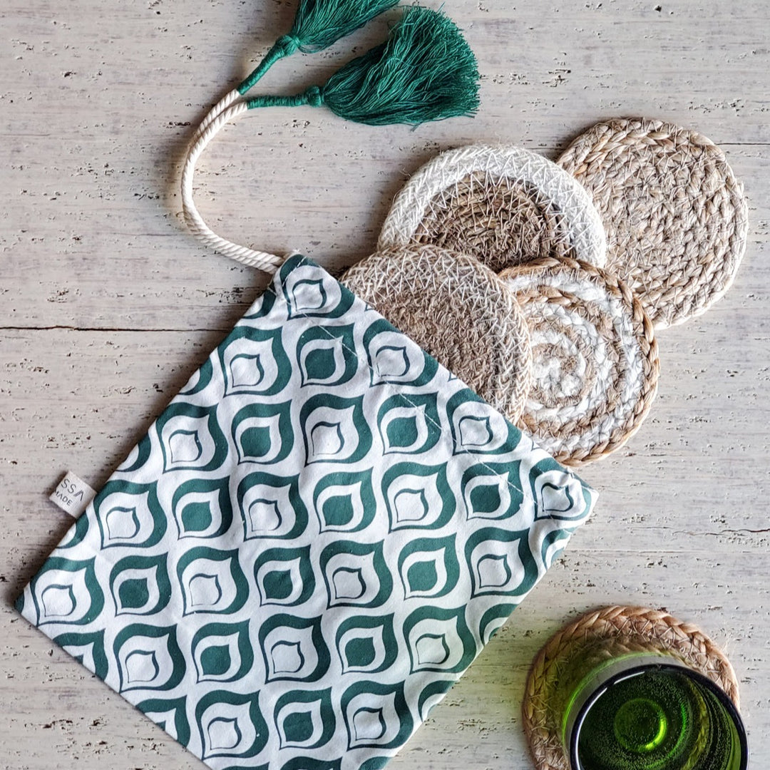 Handwoven Coasters Set, Assorted in Green Pouch (Set of 4)