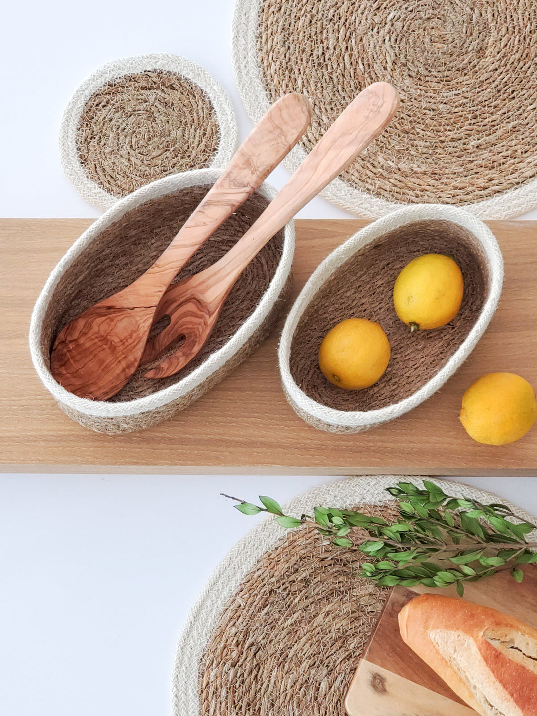 Handmade Oval Bowl Baskets, Natural & Ivory (Set of 3)