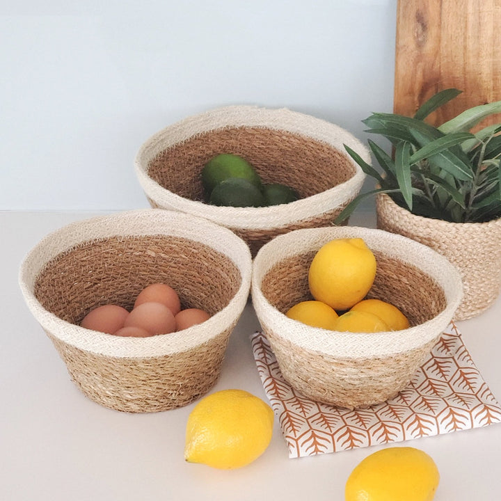 Handmade Plant Bowl Baskets, Natural & Ivory (Set of 3)