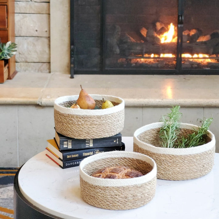 Handwoven Round Storage Bowls, Natural with White Trim (Set of 3)