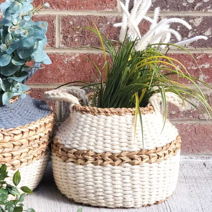 Handwoven Seagrass Jute Basket, Natural & White