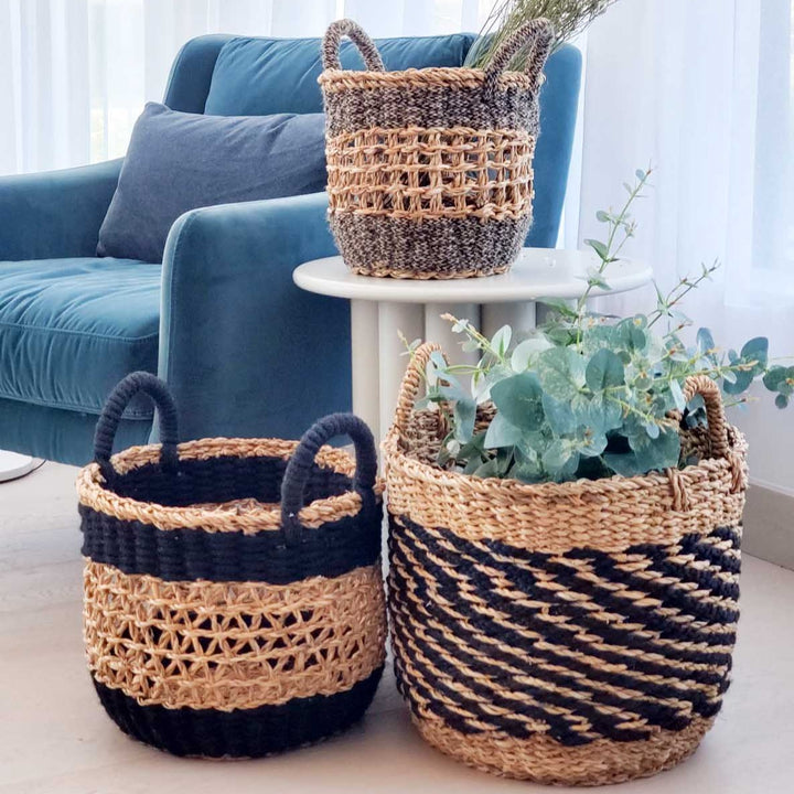 Handwoven Mesh Basket with Handles, Black Gray Natural