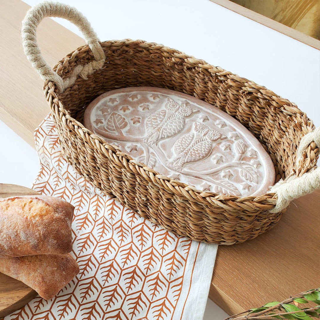 Oval BREAD BASKET WITH WARMING STONE, Owls on a Branch