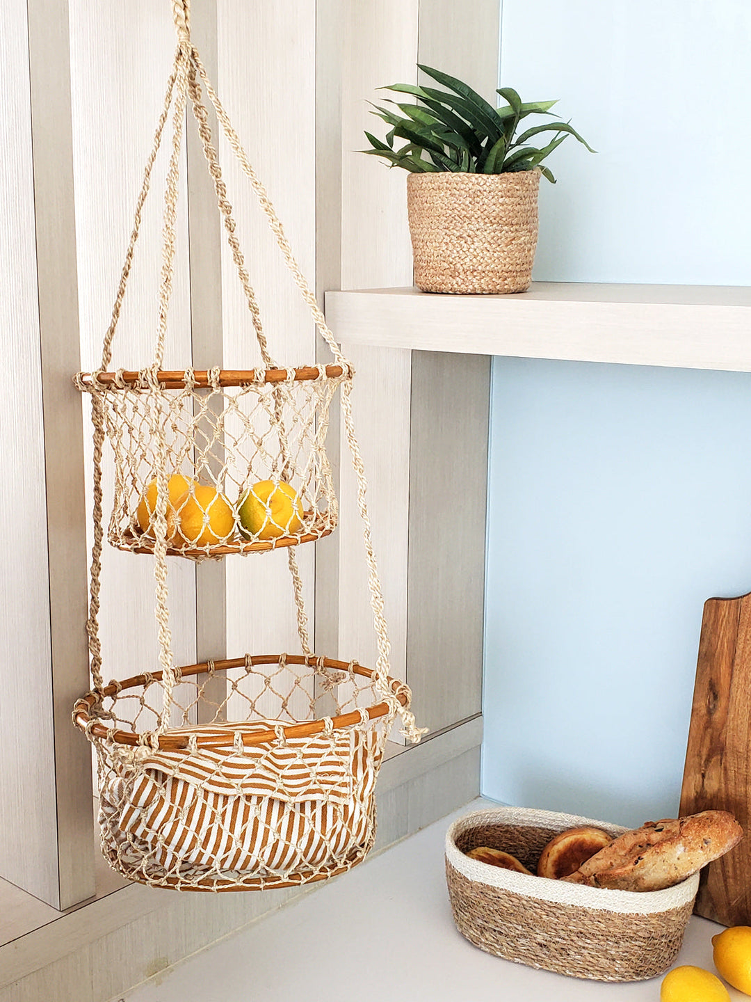 Double Hanging Plant Basket Shelves, Jute & Natural Wood