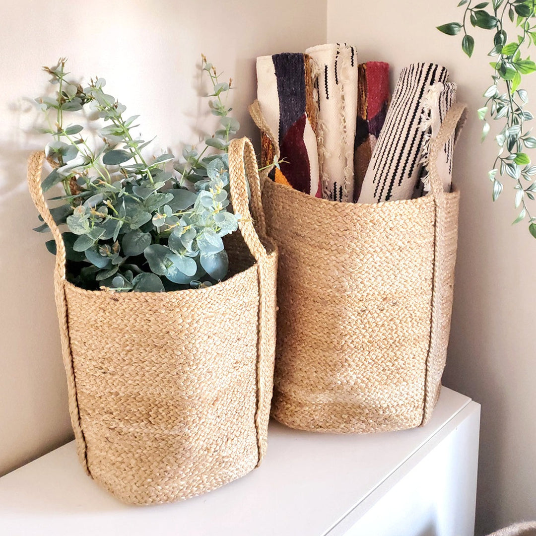 Handwoven Braided Jute Basket, Natural with Side Handles