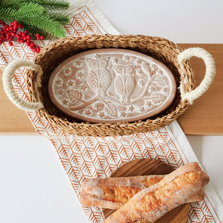 Oval BREAD BASKET WITH WARMING STONE, Owls on a Branch