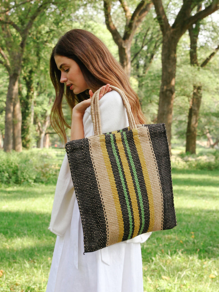 Handwoven Jute Tote Bag, Multi & Navy