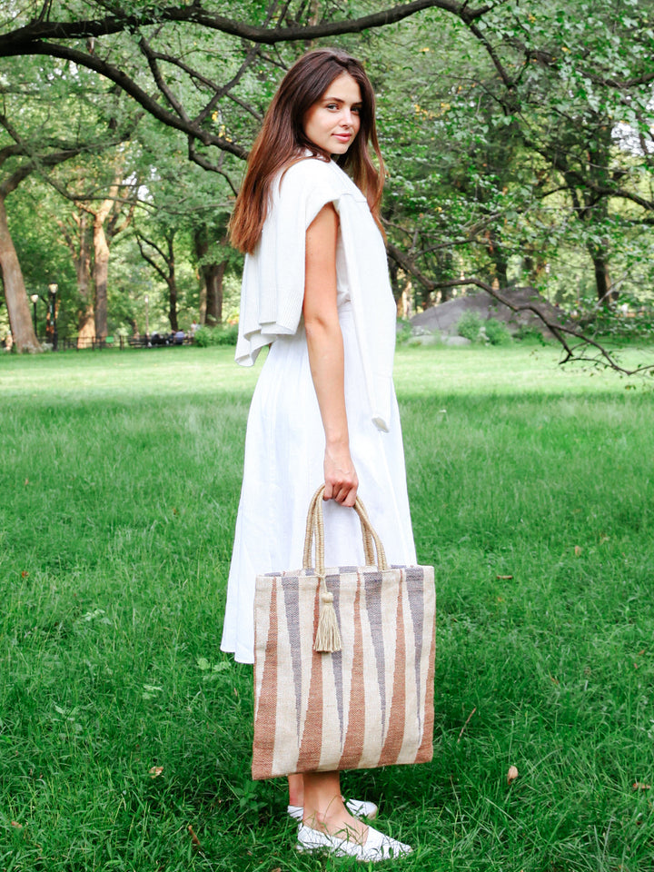 Handwoven Jute Tote Bag, Blue & Brown