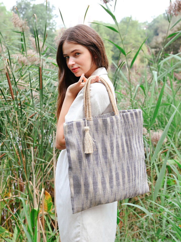 Handwoven Jute Tote Bag, Blue & Natural