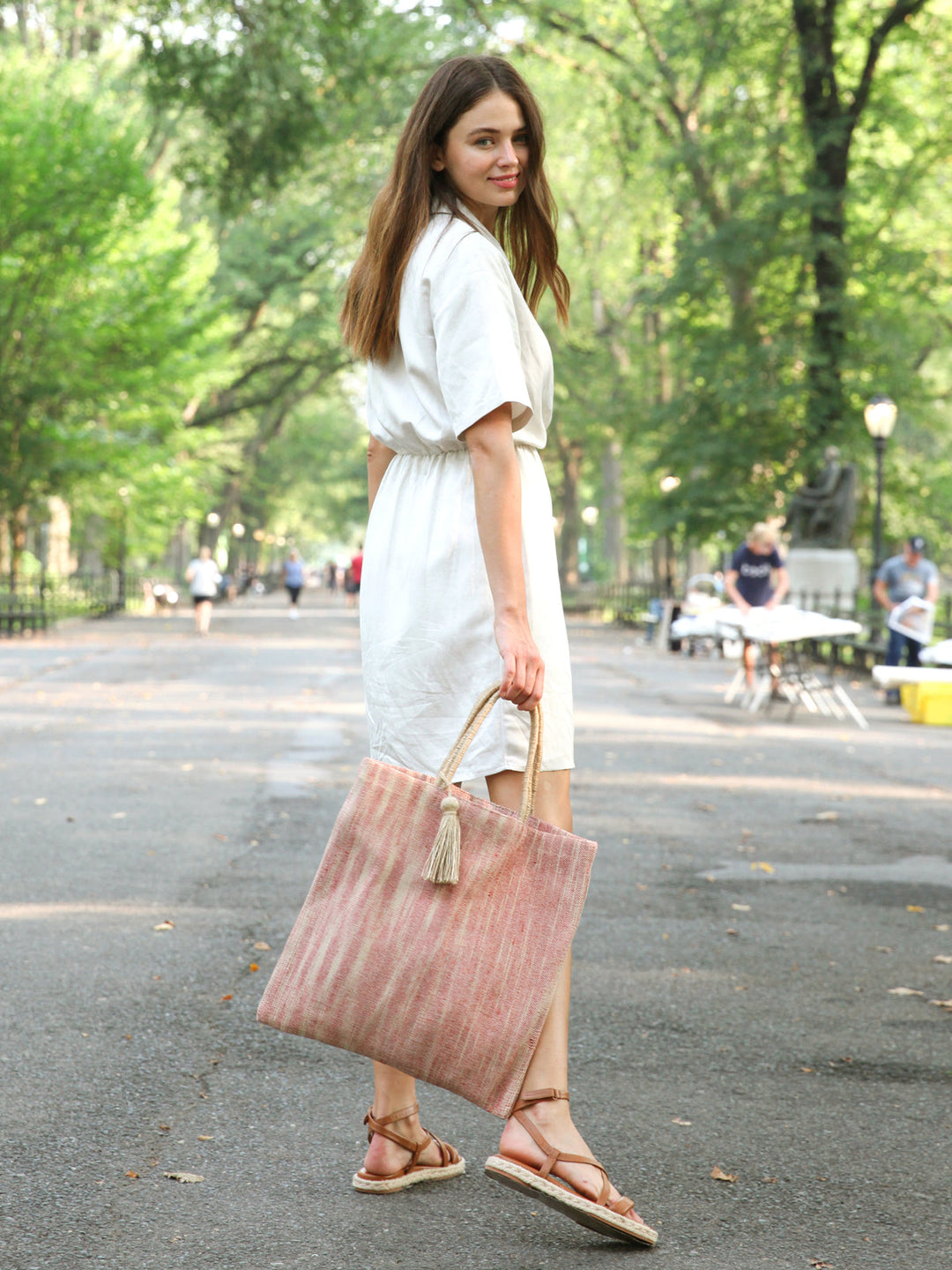 Handwoven Jute Tote Bag, Natural & Red