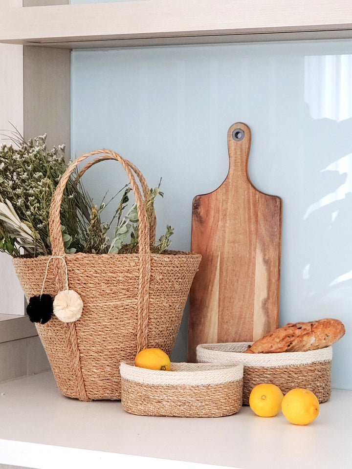 Handmade Oval Bowl Baskets, Natural & Ivory (Set of 3)