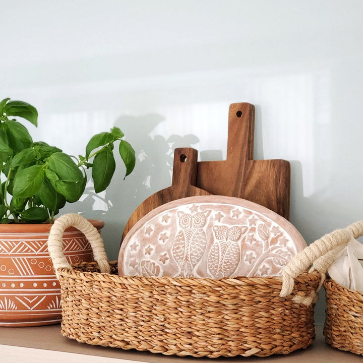 Oval BREAD BASKET WITH WARMING STONE, Owls on a Branch