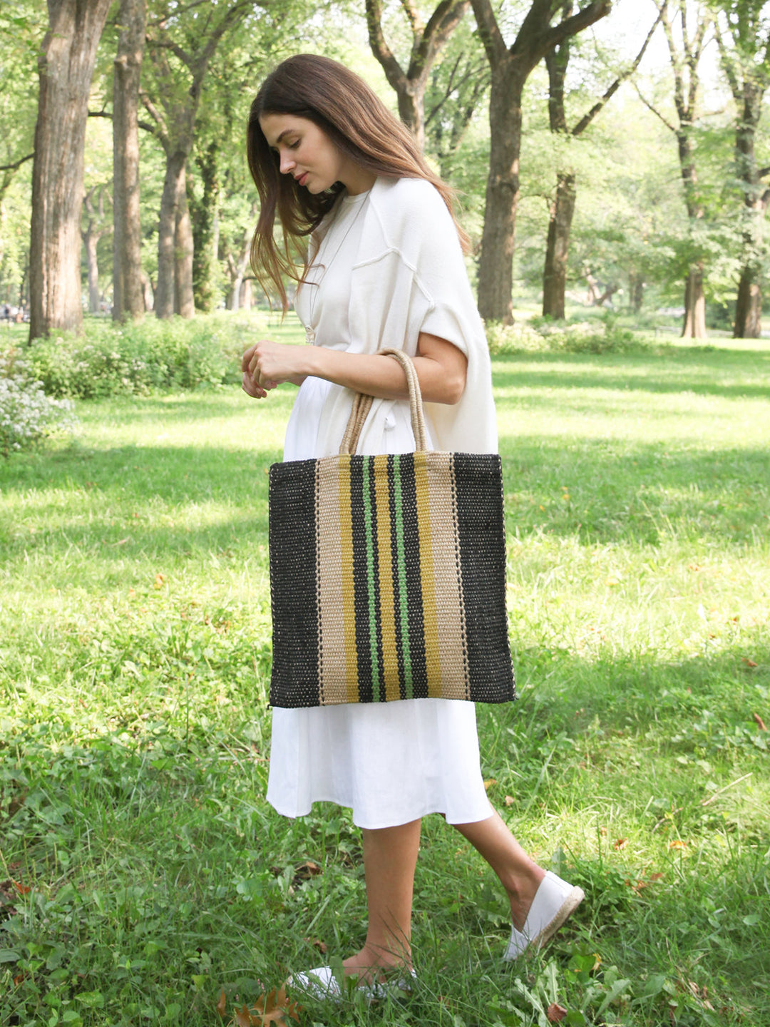 Handwoven Jute Tote Bag, Multi & Navy