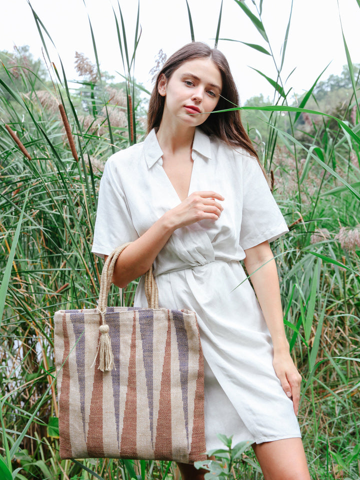 Handwoven Jute Tote Bag, Blue & Brown