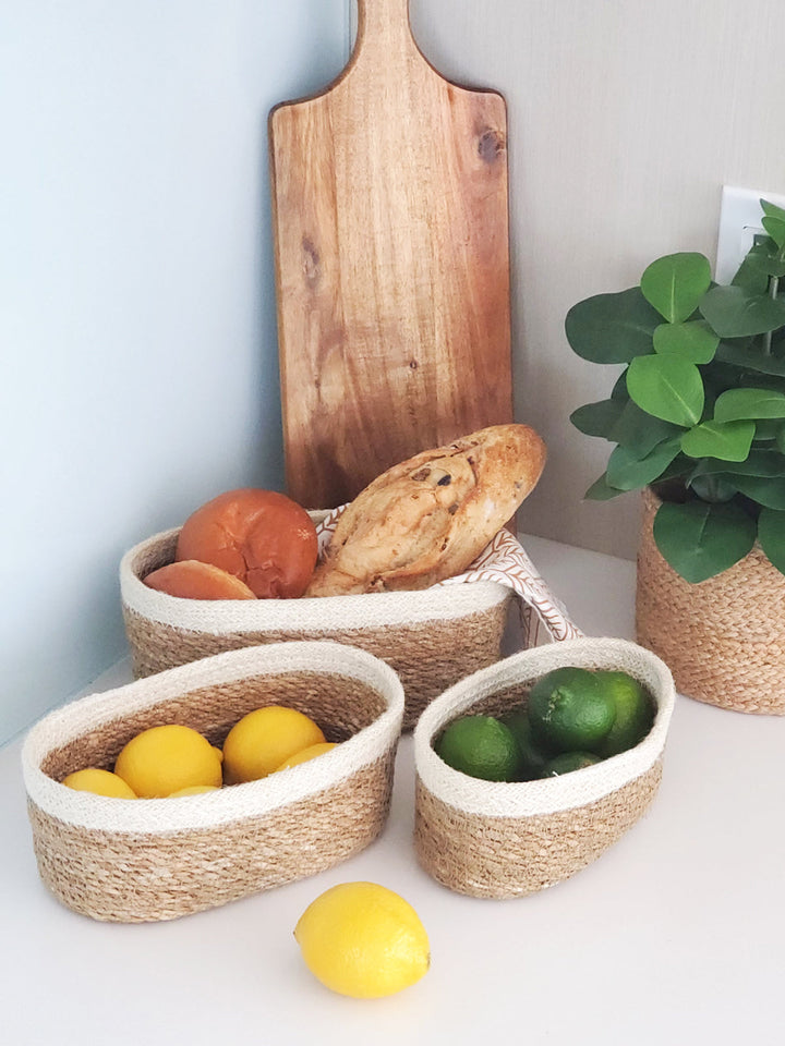 Handmade Oval Bowl Baskets, Natural & Ivory (Set of 3)