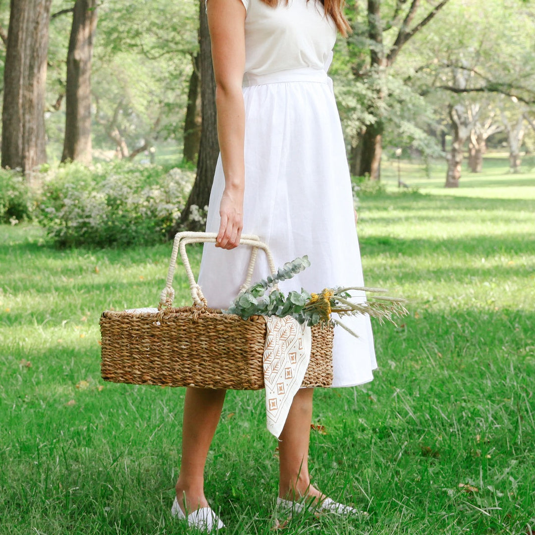 Handwoven Rectangular Storage Basket, White Handles