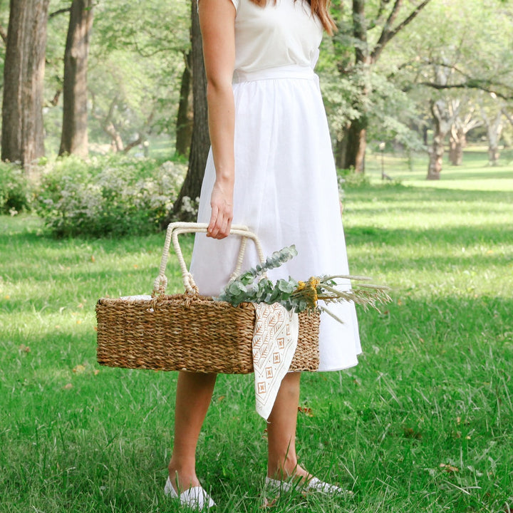 Handwoven Rectangular Storage Basket, White Handles