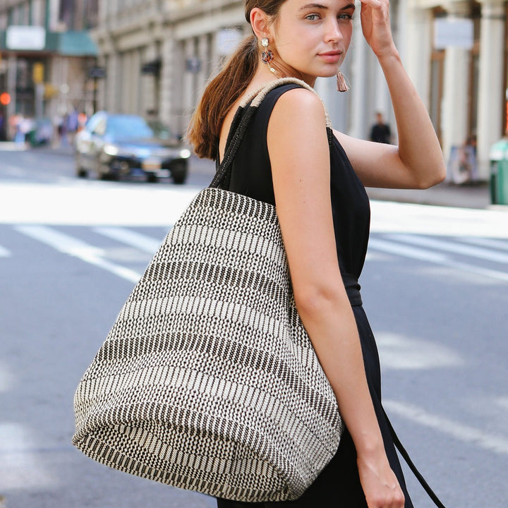 Oversized Jute Tote Bag, Black & Off-White