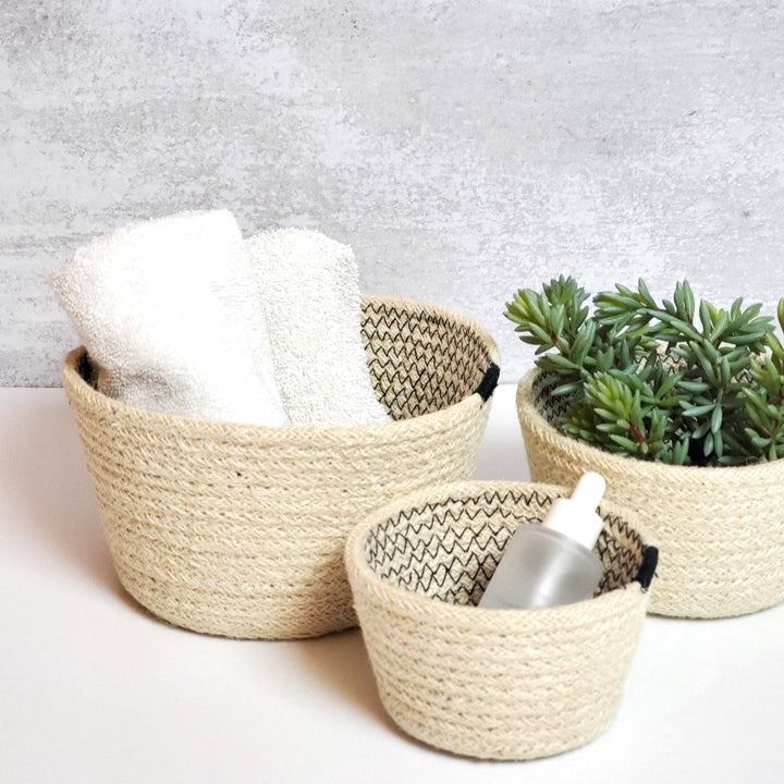 Handwoven Bowl Baskets, Off-White & Black Stitching (Set of 3)