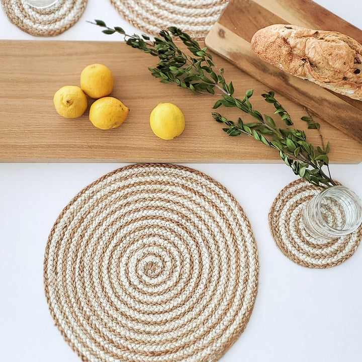 Handwoven Spiral Placemats, Natural & White (Set of 4)