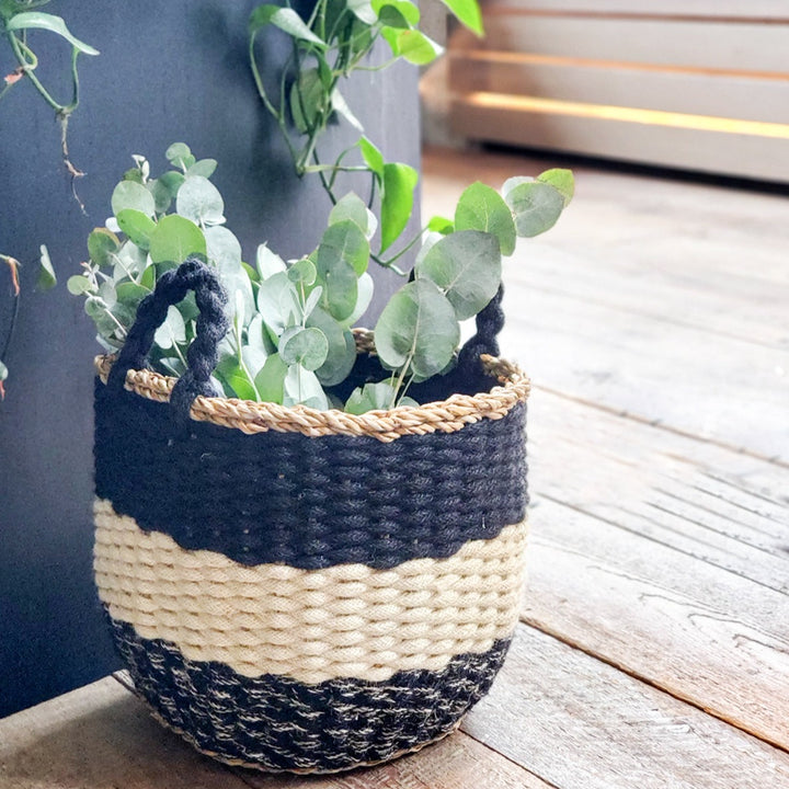 Handwoven Striped Basket, Black Handles