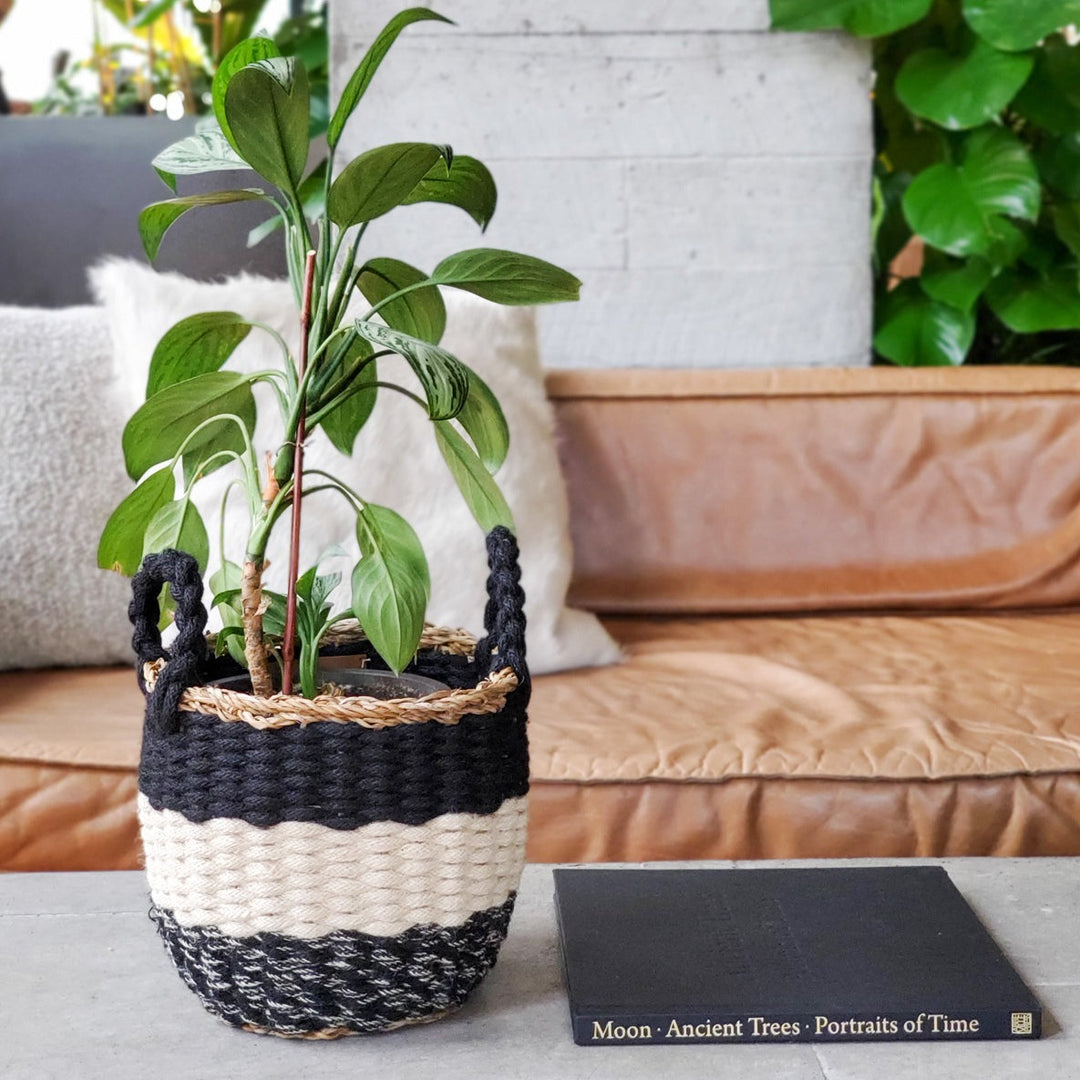 Handwoven Striped Basket, Black Handles