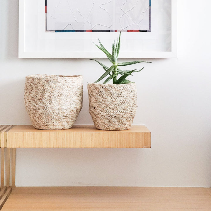 Handwoven Jute Bin, Natural & White Mix