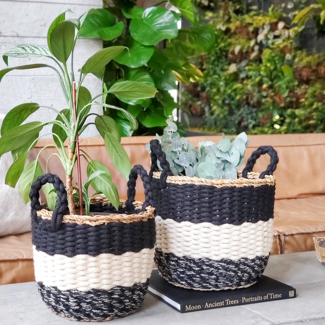 Handwoven Striped Basket, Black Handles