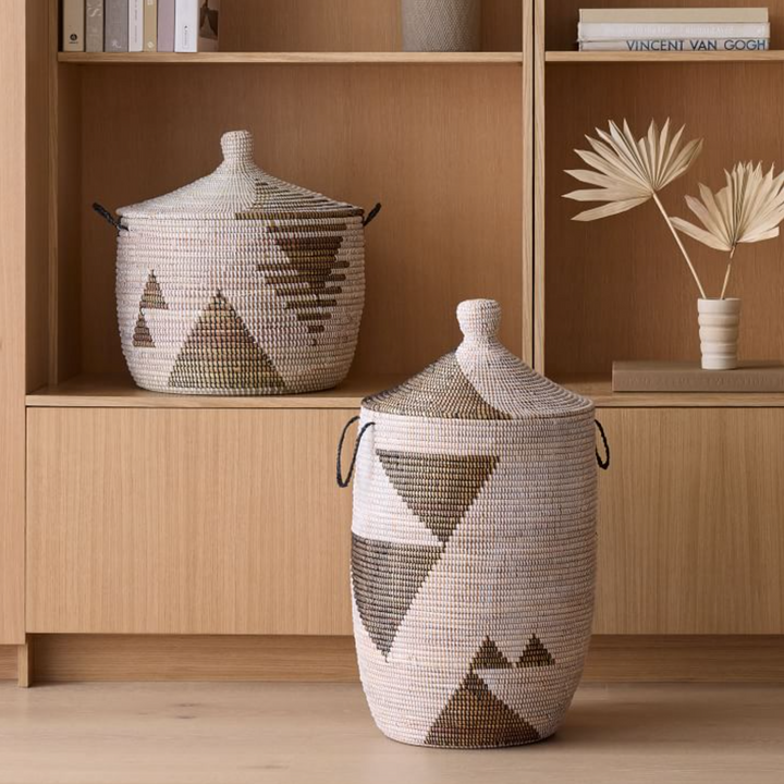 Handmade African Minimalist Storage Basket with Lid, Low