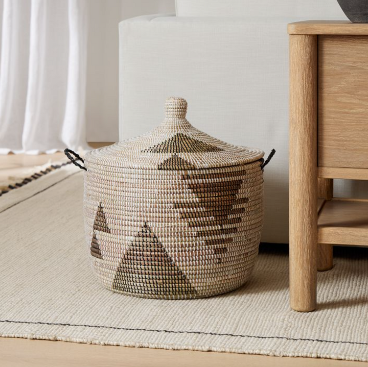 Handmade African Minimalist Storage Basket with Lid, Low
