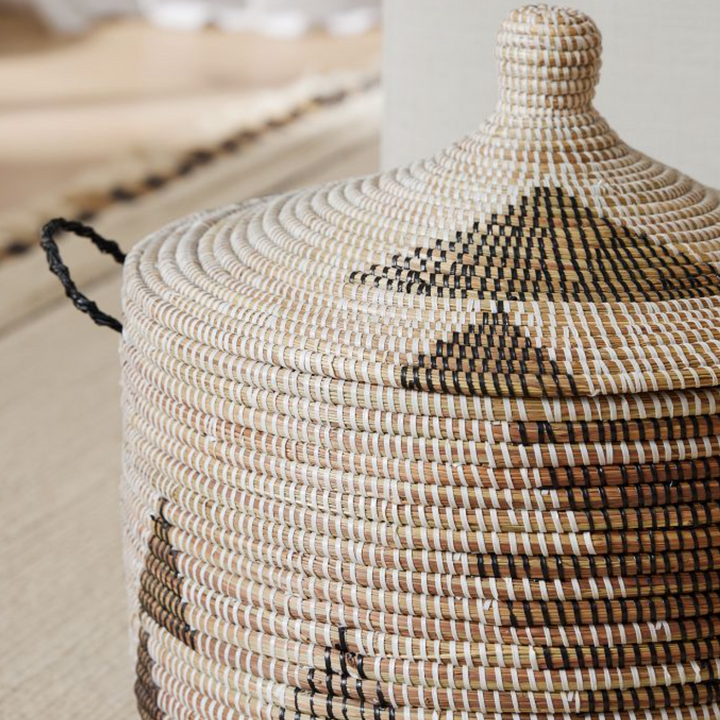 Handmade African Minimalist Storage Basket with Lid, Low